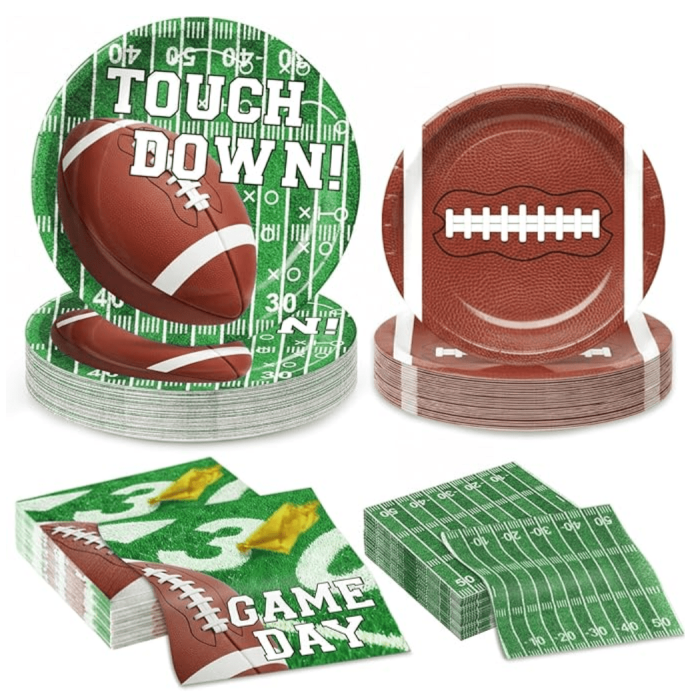 196PCS Football Party Decorations Supplies Serves 24, Disposable Football Paper Plates Napkins Cups Banner Tablecloth Tableware Set for Sport Themed Game Bowl Gameday Birthday Party Decorations Favors - Image 1