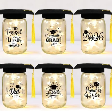 CUPLOOV 6 Sets 2026 Graduation Centerpieces for Tables, Mason Jar Centerpieces with Graduation Caps, Money Jars for College High School Congrats Grad Party Decor Supplies