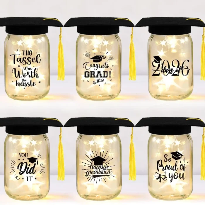 CUPLOOV 6 Sets 2026 Graduation Centerpieces for Tables, Mason Jar Centerpieces with Graduation Caps, Money Jars for College High School Congrats Grad Party Decor Supplies - Image 1