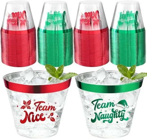 60Pcs Christmas Party Decorations Cups - 9Oz Merry Christmas Theme Red Green Disposable Plastic Cups for Xmas Wedding Thanksgiving Birthday Holiday Party Supplies Xmas Party Drinks