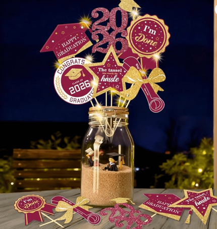 Graduation Decorations for Class of 2026-30pcs Glitter Blue Gold Graduation Table Centerpieces Sticks with LED String Lights for College High School 2026 Graduation Party Favors Supplies