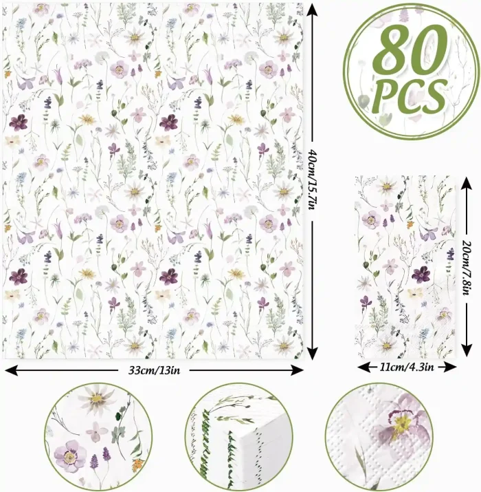 100 Sheets Spring Wildflower Napkins, Floral Disposable Paper Napkins with Flower Butterfly for Spring Wedding Birthday Tea Party Supplies 4.3"×7.9" - Image 3