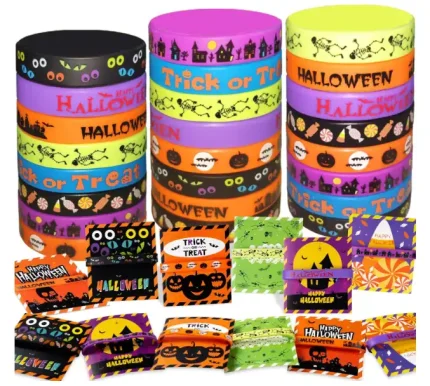 GuassLee Kids Halloween Party Favors - 40pcs Rubber Bracelets, Silicone Wristbands & Cards for Trick or Treat Gifts & Goodie Bag Fillers