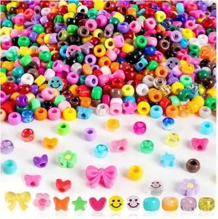 1000Pcs Pony Beads for Bracelets, Colourful Plastic Pony Beads Bulk, 6×9mm Friendship Shape Bead for Jewelry Making Heart Bow Tie Star for DIY Hair Braiding Keychains Necklaces Crafts Party Supplies