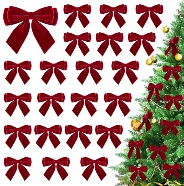 24Pcs Velvet Bows for Christmas Tree, Small Red Bows Christmas Decorations with Twist Tie, Bulk Red Velvet Ornaments for Wreath Garland Gift Wrapping Wedding Champagne Parties Decor, 3.5*3.5 in - Image 1