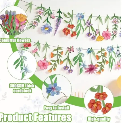 2Pcs Spring Wildflower Party Hanging Decorations, Watercolor Floral Banners Spring Wildflower Cutouts Garland Backdrop for Spring Summer Girls Garden Birthday Wedding Party Decor Supplies, 9.8Ft