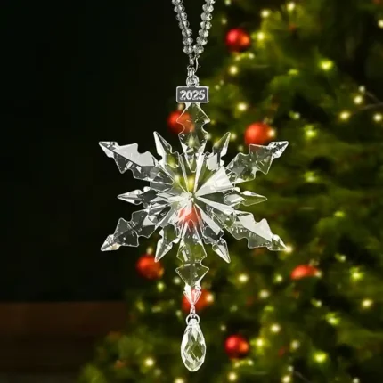 2025 Christmas Ornament Crystal Snowflake with Crystal Drop Pendant and 2025 Engraved Tag for Winter Christmas Tree Decoration Keepsake Gifts Clear