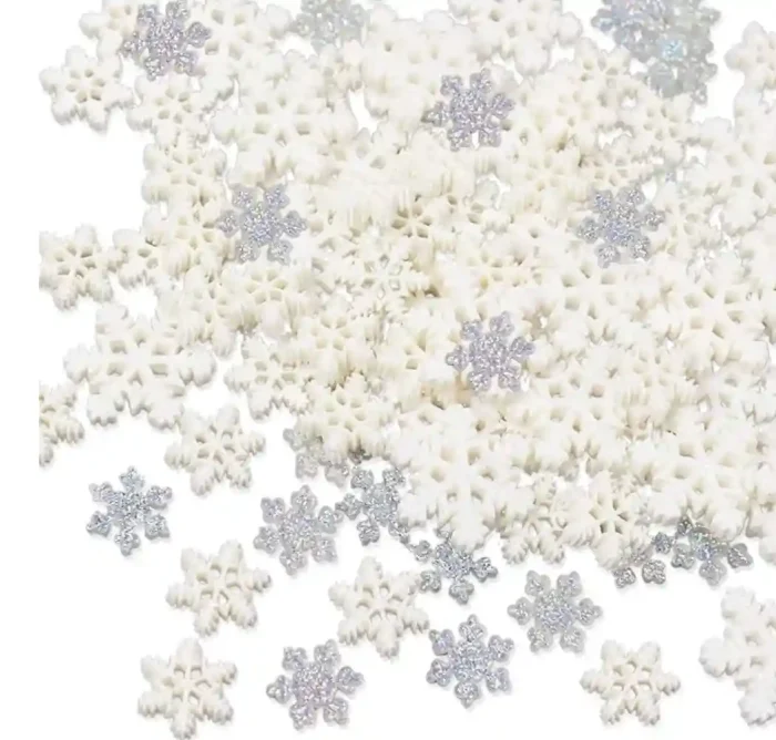 100Pcs Mini Snowflake Ornament Christmas Decorations- Glitter Resin White and Silver Snowflakes Christmas Craft Embellishment for DIY Craft Xmas Tree Winter Party Table Decor (3 Sizes) - Image 1