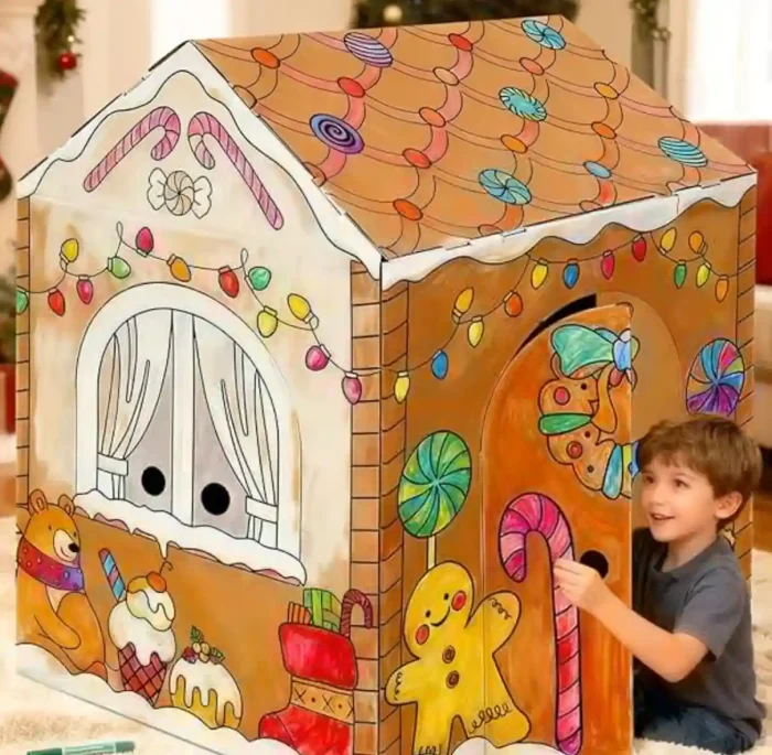 kockuu Gingerbread Cardboard House to Color for Kids Toddlers, Large Gingerbread Cardboard Coloring House Playhouse Christmas Arts & Crafts Activity Indoor Fun, 40" x 32" x 26" - Image 1
