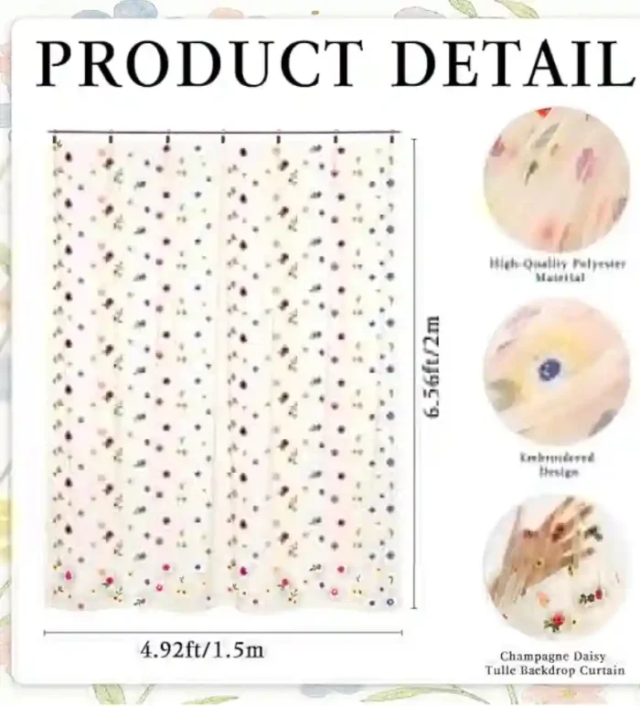 Floral Backdrop Curtain, Champagne Daisy Tulle Flower Embroidery Backdrop Curtain for Spring Summer Easter Wedding Birthday Floral Party Photo Shoot Decorations, 6.5ft×4.9ft - Image 2