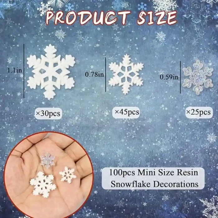 100Pcs Mini Snowflake Ornament Christmas Decorations- Glitter Resin White and Silver Snowflakes Christmas Craft Embellishment for DIY Craft Xmas Tree Winter Party Table Decor (3 Sizes) - Image 3