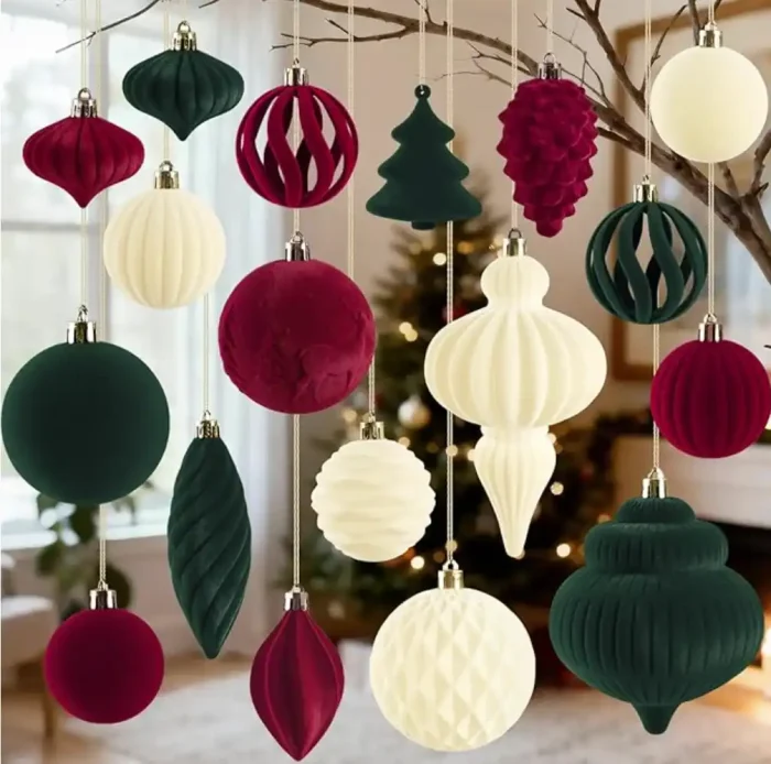 18Pcs Velvet Christmas Tree Ornaments Set, Wine Red Shatterproof Flocked Christmas Decorations Bulk for Tree, Burgundy Decorative Hanging Ball Ornaments for Xmas Holiday Home Party Decor - Image 1