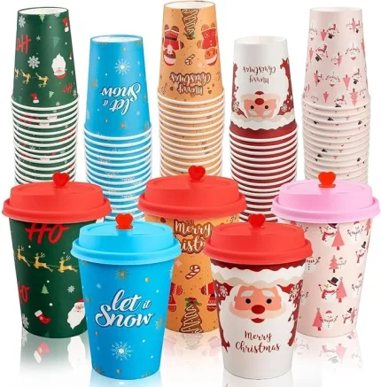50 Pack Christmas Hot Coffee Cups with 50Pcs Lids, Xmas 12 Oz To Go Coffee Cup Hot Chocolate Cups, Christmas Disposable Paper Cup for Cold Drinks Holiday Winter Party Supplies