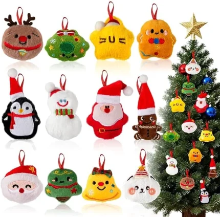 Christmas Tree Plush Ornaments, 12 Pcs Small Plush Christmas Hanging Ornaments Set, Soft Mini Stuffed Animal Toys for Mini Xmas Tree Hanging Decorations Supplies
